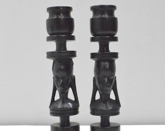 African Candle Holder Pair Ebony Tanzania