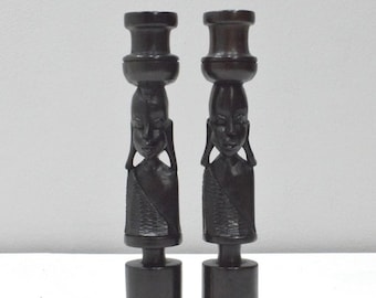 African Candle Holder Pair Ebony Tanzania