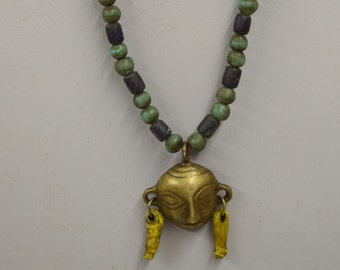 Naga Necklace Brass Head Pendant India Handmade Blue Green Beads Trophy Naga Brass Head Necklace Unique