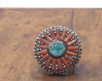 Tibetan Silver Turquoise Coral Ring