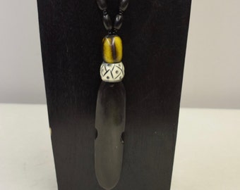 Necklace Vintage African Black Pendant Etched Ring Yellow Black Glass Handmade African Necklace Pendant Jewelry Black Beads One of a Kind D