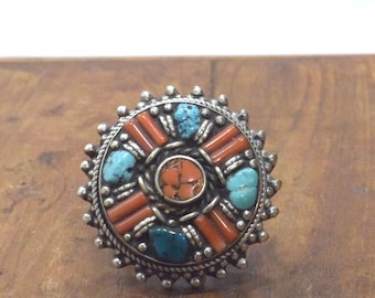 Tibetan Silver Turquoise Coral Ring