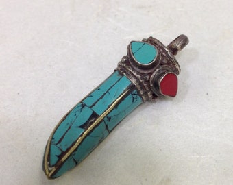 Tibetan Turquoise Coral Silver Amulet Pendant