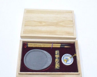 Chinese Calligraphy Set Brushes Ink Tray Wooden Box