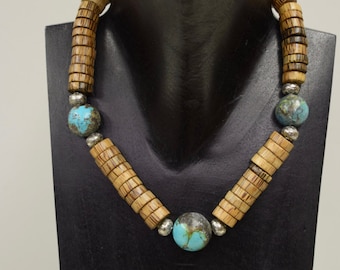 Necklace Chinese Turquoise Round Stones Palm Wood Beaded Necklace