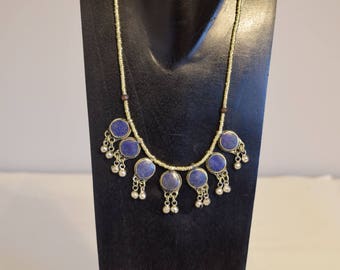 Necklace Blue Lapis Middle Eastern Kuchi Pendant Bells Handmade Tribal Women Necklace Lapis Round Pendants Silver Necklace