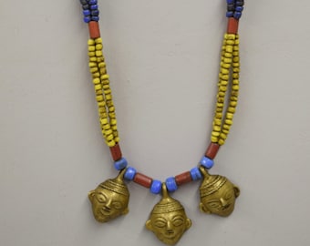 Naga Necklace Brass Head 3 Pendant India Handmade Blue Red Yellow Beads Trophy Naga Brass Head Necklace Unique