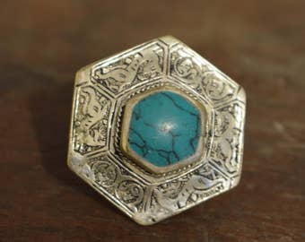 Ring Middle Eastern Silver Turquoise Etched Octagon Shape Handmade Tribal Etched Silver Turquoise  Ring