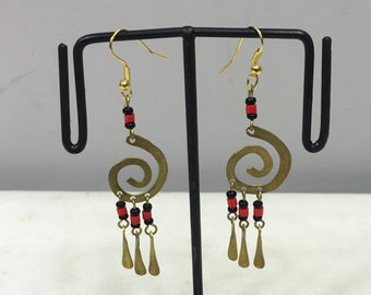 Earrings Brass African Masai Beaded Swirl Coil Earrings Handmade Red Black African Beads Brass Women Earrings Dangle Unique Tribal E93