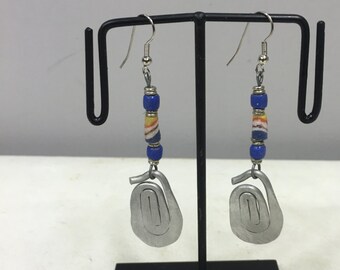 Earrings African Aluminum Oval Coiled Blue Yellow Sandcast Beads Masai Beaded Earrings Handmade Aluminum Women Earrings Unique Tribal E70