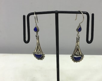 Silver Lapis Middle Eastern Etched  Dangle Earrings