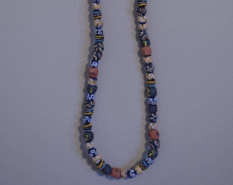 Beads African Sand Cast Strand Round Glass Multi-Color Beads Handmade Tribal Yellow Blue Necklace Jewelry Glass Beads