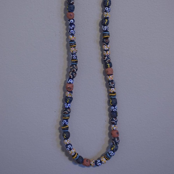 Beads African Sand Cast Strand Round Glass Multi-Color Beads Handmade Tribal Yellow Blue Necklace Jewelry Glass Beads