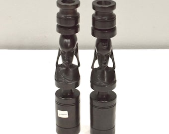 African Candle Stick Pair Ebony Wood Abstract Design Tanzania