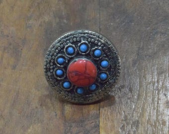 Middle Eastern Silver Kuchi Coral Stone Ring Size 10