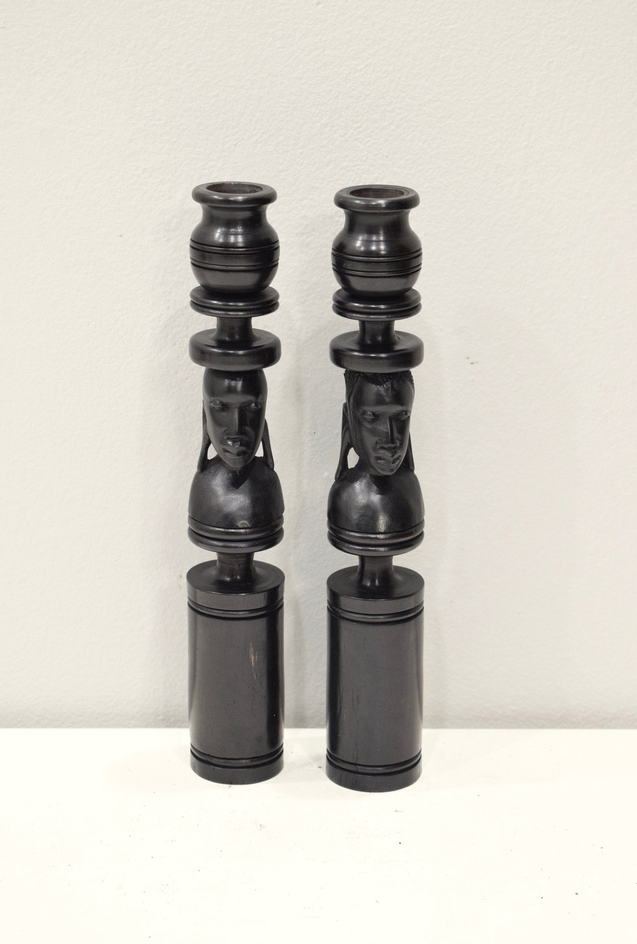 African Candle Holders Pair Ebony Wood Male Female Tanzania