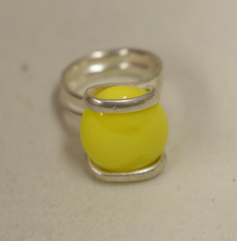 Ring Silver Yellow Colored Glass Handmade Glass Silver Jewelry Ring Fun Yellow Color Glass Unique