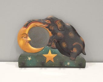 Indonesian Elephant Moon Folk Art Wall Mirror 4 Hook Clothes Hanger
