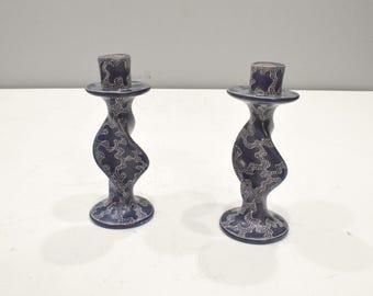 African Carved Soapstone Candle Holder Set Abstract Design Kenya