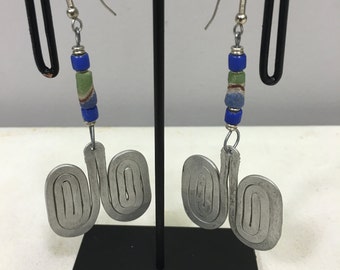 Earrings African Aluminum  Double Coiled Blue Green Sandcast Bead Masai Beaded Earrings Handmade Aluminum Women Earrings Unique Tribal E17