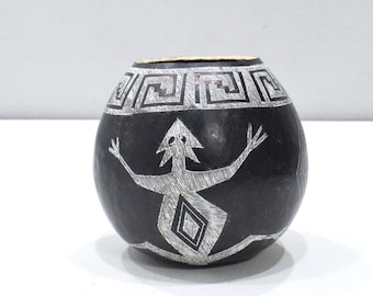 African Black White Etched Gourd Bowl Kamba Kenya