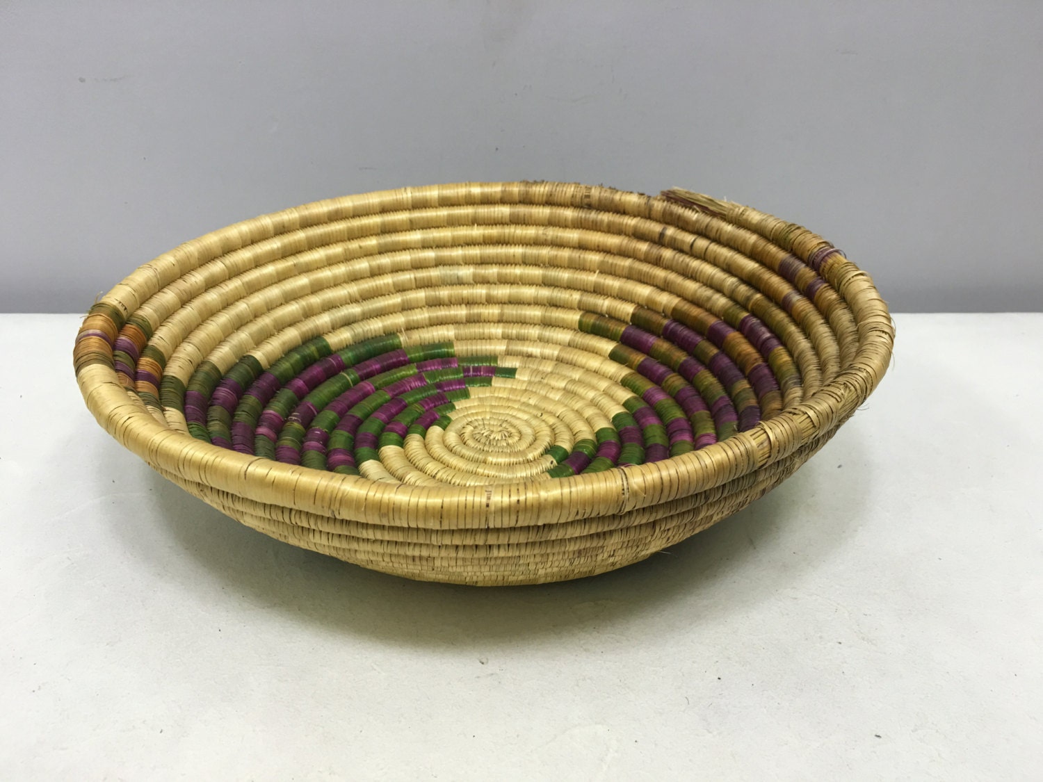 Basket African Tanzania Round Woven River Weeds Handmade Tribal Basket