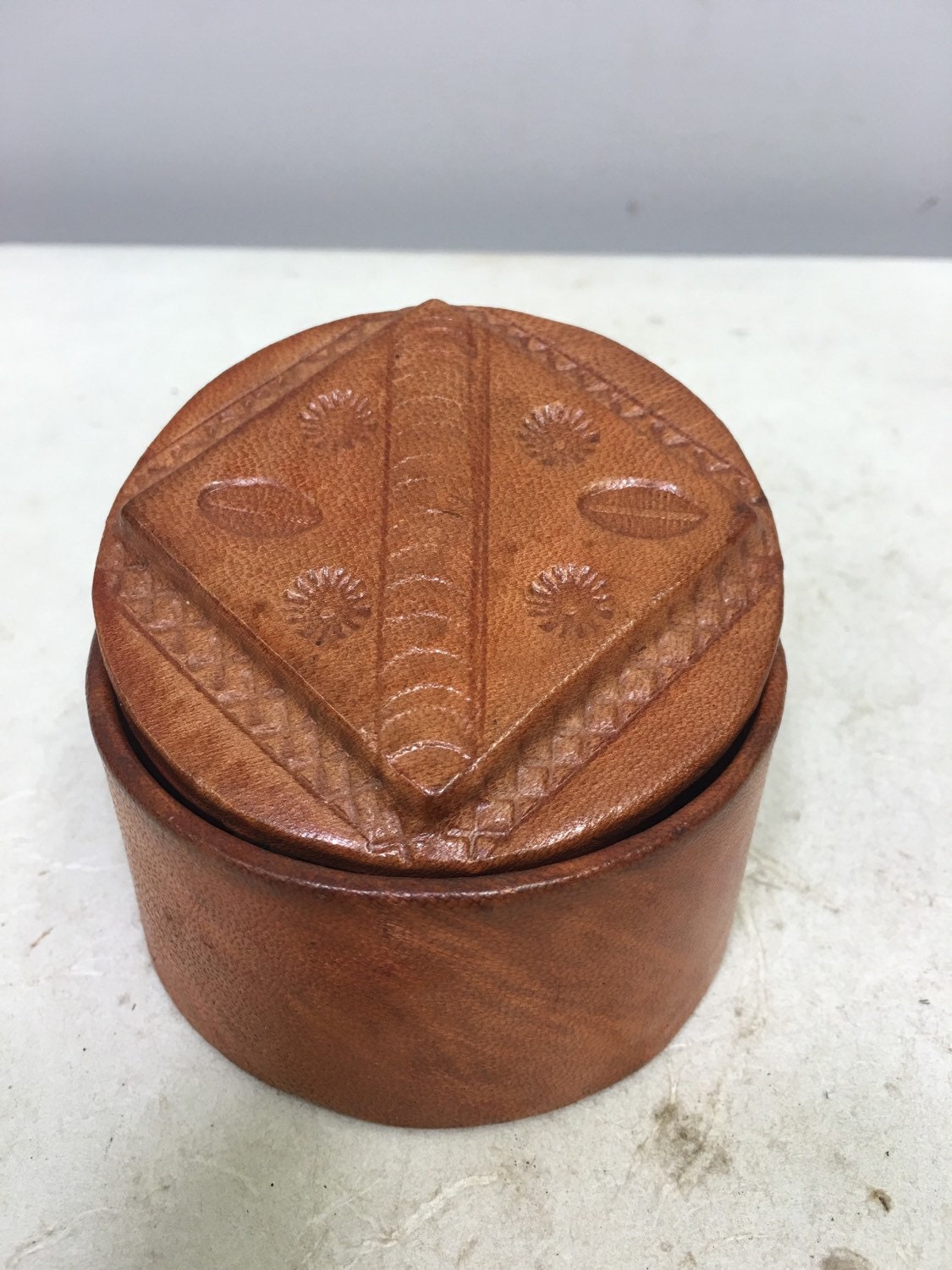 African Box Yellow Leather Tuareg Box Mali Handmade Hand Tooled Symbols Dyed Leather Box