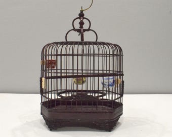 Chinese Wicker Birdcage Porcelain Water Food Bowls