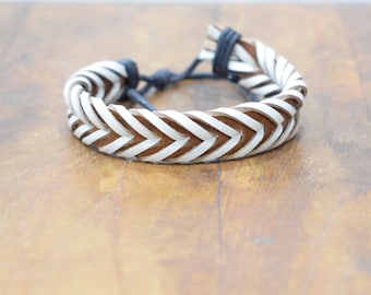 Bracelet Leather White Brown Chevron Weave Tie Bracelet