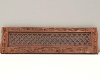 Indian Hand Carved Teak Wood Screen Panel Piece Geometric Floral Design