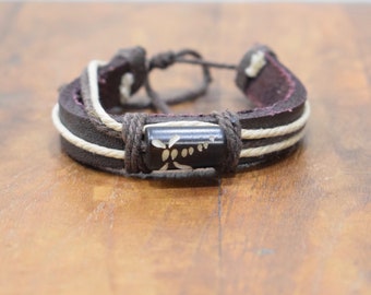 Bracelet Brown Leather Beige Hemp Batik Bone Tie Bracelet