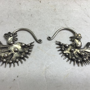 Earrings Silver Miao Hill Tribe Etched Rooster Hoop Tribal Earrings