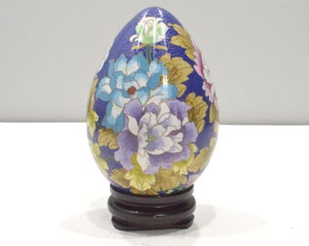Chinese Flower Design Cloisonne Egg on Stand  8.5"