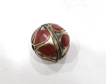 Beads Middle Eastern Red Stone Round  Brass Round Beads 27mm