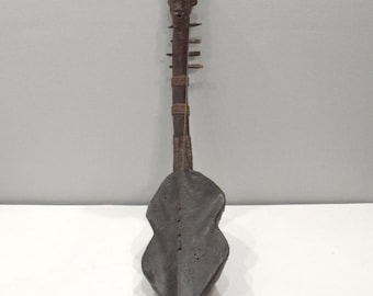 African Lobi Tribe Guitar Copper Wire Face Carved Neck Musical Guitar