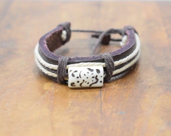 Bracelet Brown Leather Beige Hemp Etched Bone Tie Bracelet