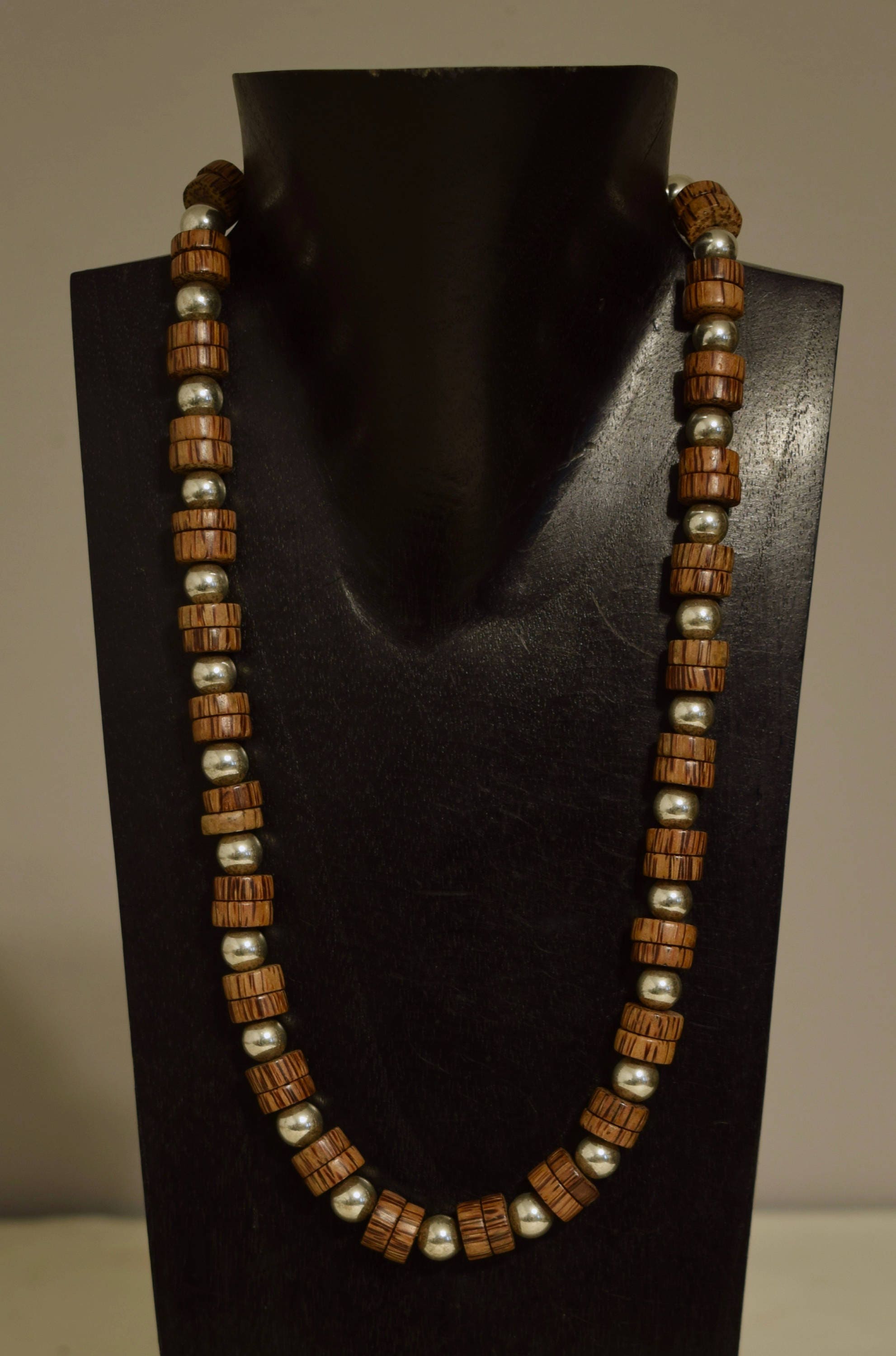Necklace Philippine Palmwood Discs Bright Silver Beaded Handmade Silver