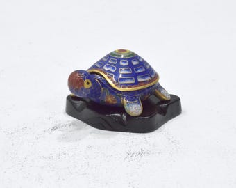 Chinese Cloisonne Turtle Trinket Box on Stand