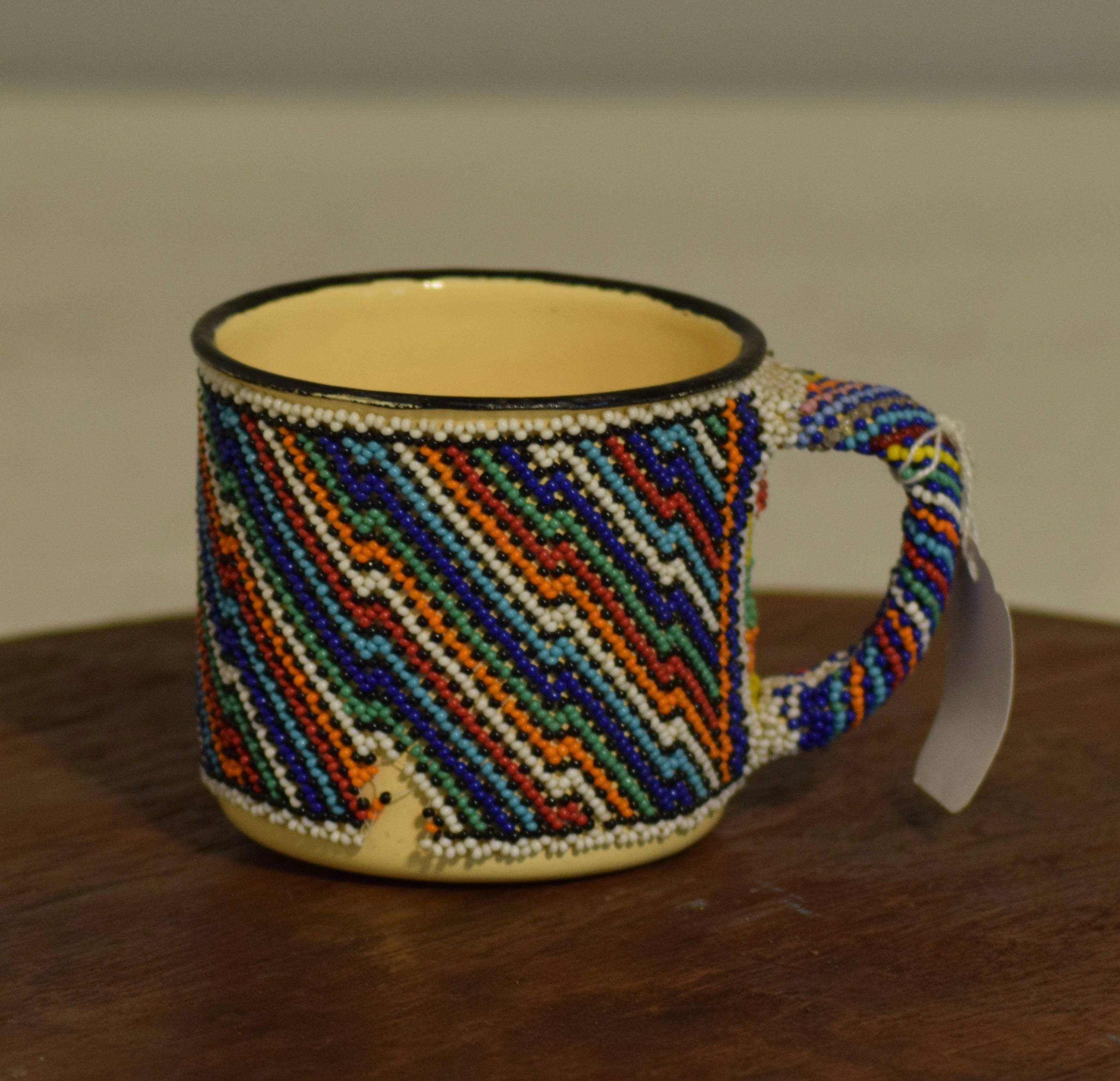 African Vintage Enamel Turquoise Orange Beaded Mug Handmade Zulu Mug