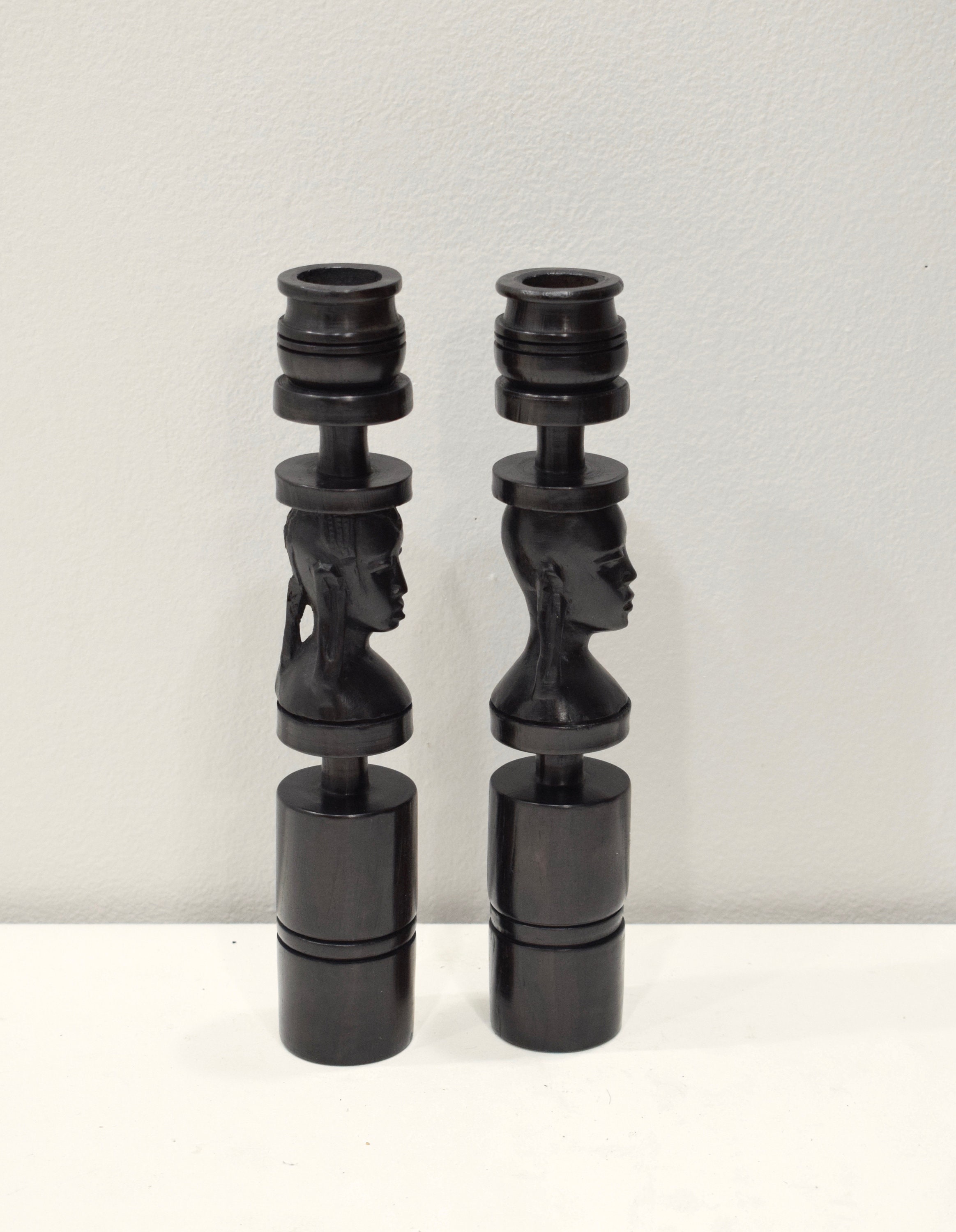 African Candle Holders Pair Ebony Wood Male Female Tanzania