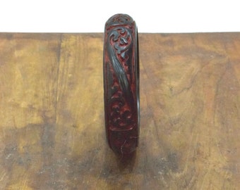 Chinese Cinnabar Black Red Floral Design Bangle Bracelet