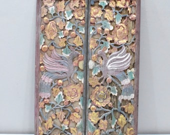 Indonesian Wood Window Panel Set Carved Wood