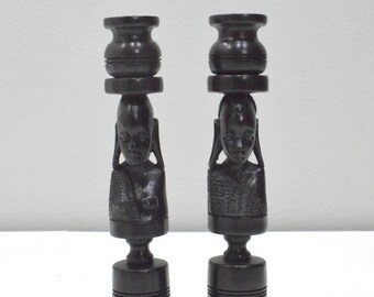 African Candle Holder Pair Ebony Tanzania