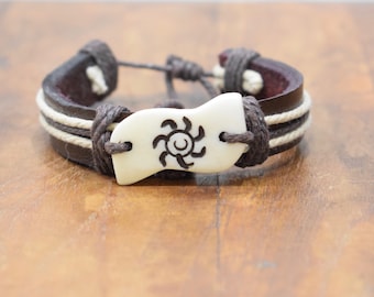 Bracelet Brown Leather Beige Hemp Etched Bone Tie Bracelet
