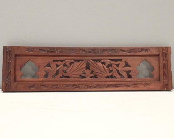 Indian Hand Carved Teak Wood Screen Panel Piece Geometric Floral Design