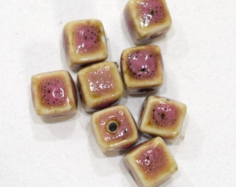 Beads Beige Pink Porcelain Cube Beads 10mm