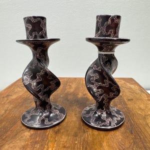 African Carved Black Soapstone Candle Holder Set