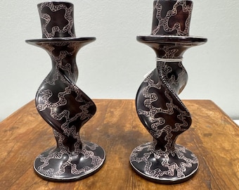 African Carved Black Soapstone Candle Holder Set