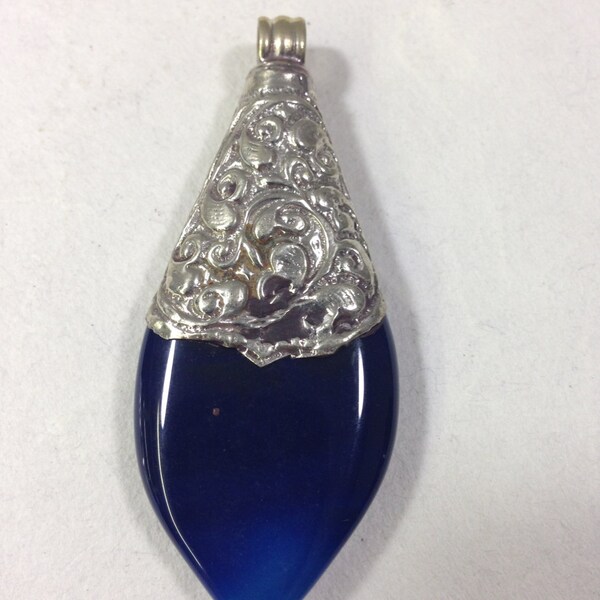 Pendant Tibetan Dark Blue Embellished Silver Handcrafted Handmade Pendant Necklace Jewelry Unique Statement