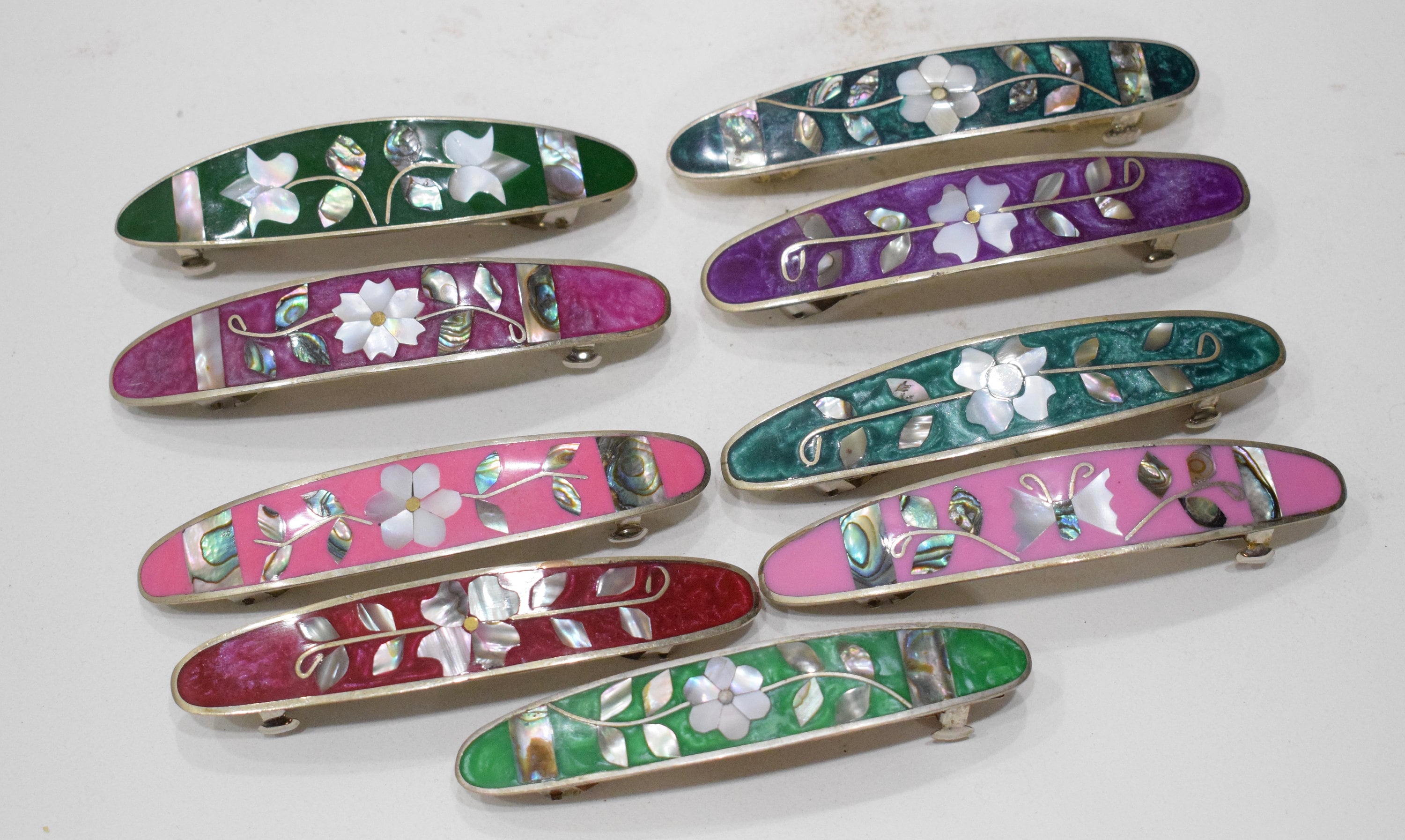 Barrette Hair Assorted Color Flower Inlaid Mother of Pearl Silver Hair